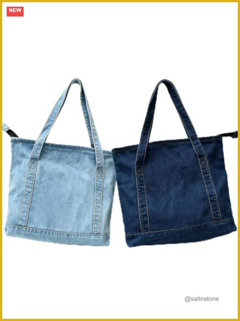 Denim Tote Bag Set 2 Pcs Lightweight Washed Denim Zip Top Casual Everyday